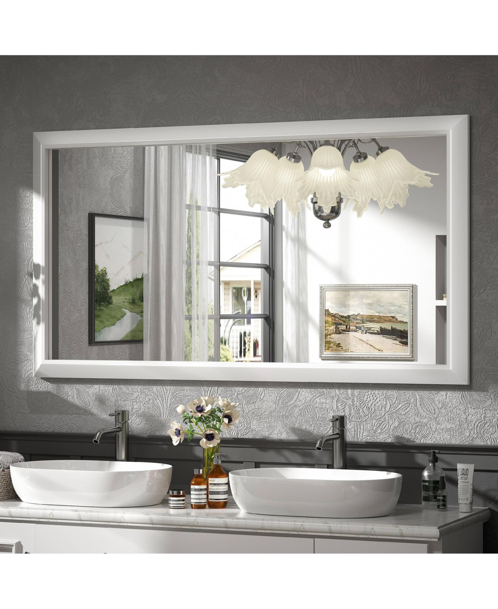 Настенное зеркало Apmir 55" x 30" в толстой металлической раме для спальни, прямоугольное