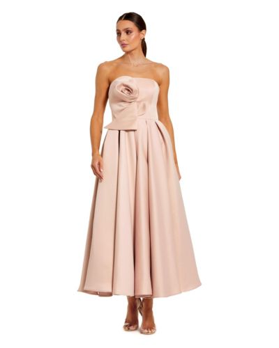 Mac Duggal Women's Strapless Satin A Line Midi Dress With 3D Flower