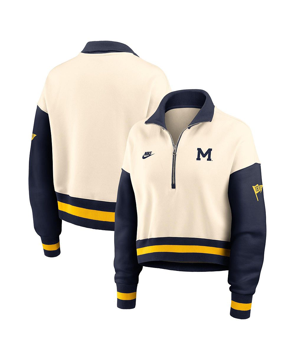 Женское свитшот Nike Michigan Wolverines Oversized Legacy Color Block укороченное с четверть-молнией в цвете Natural/Navy