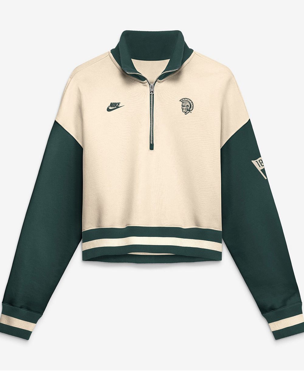 Женский пуловер Nike Natural/Green Michigan State Spartans Oversized Legacy Color Block Cropped Quarter-Zip