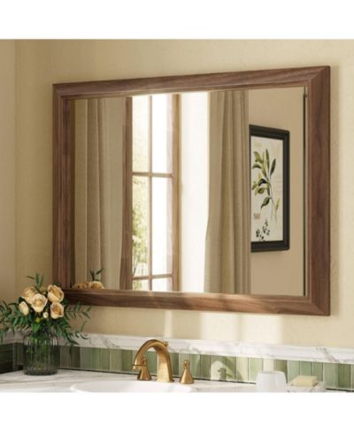 Apmir 30" x 40" Inch Thick Metal Framed Wall Mirrors for Bedroom, Rectangle Wall-Mounted Mirrors in Dark Brown Wood