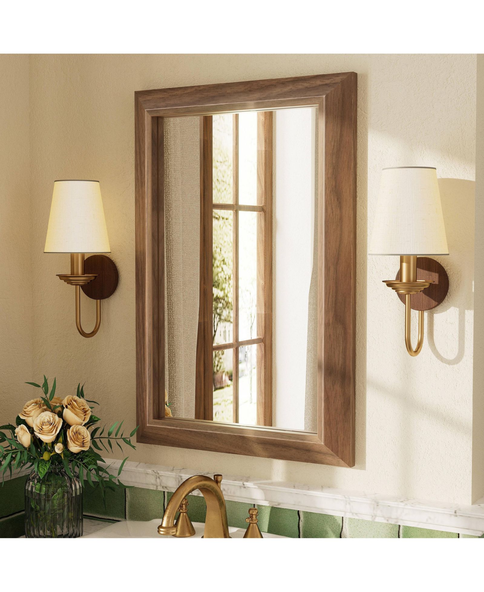 Apmir 16" x 24" Inch Thick Metal Framed Wall Mirrors for Bedroom, Rectangle Wall-Mounted Mirrors in Dark Brown Wood