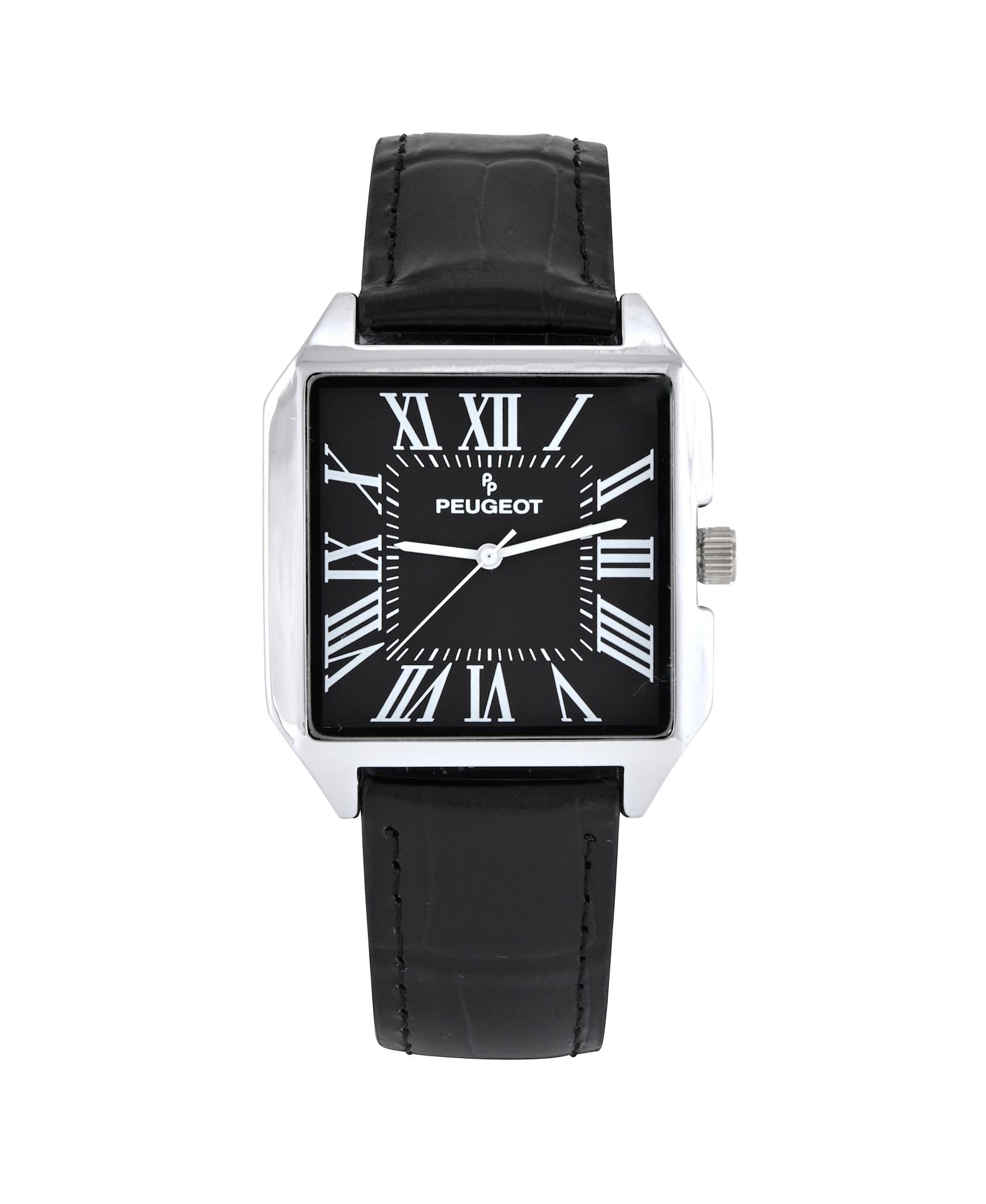 Peugept Men's Black Dial Square Vintage Dress Watch with Roman Numeral Dial and Leather Strap