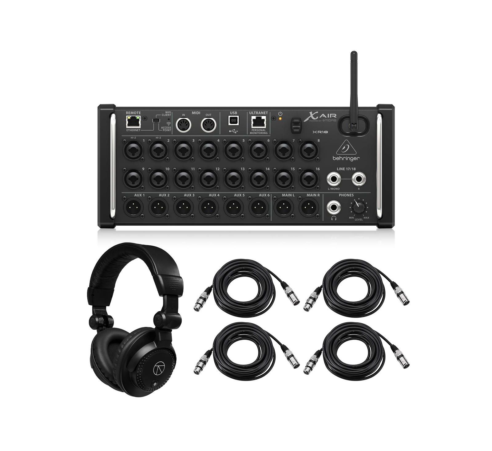 Behringer XAir XR18 беспроводный цифровой микшер на 18 каналов для iPad/Android, комплект с наушниками TAPH100 и 2 кабелями XLR 25'