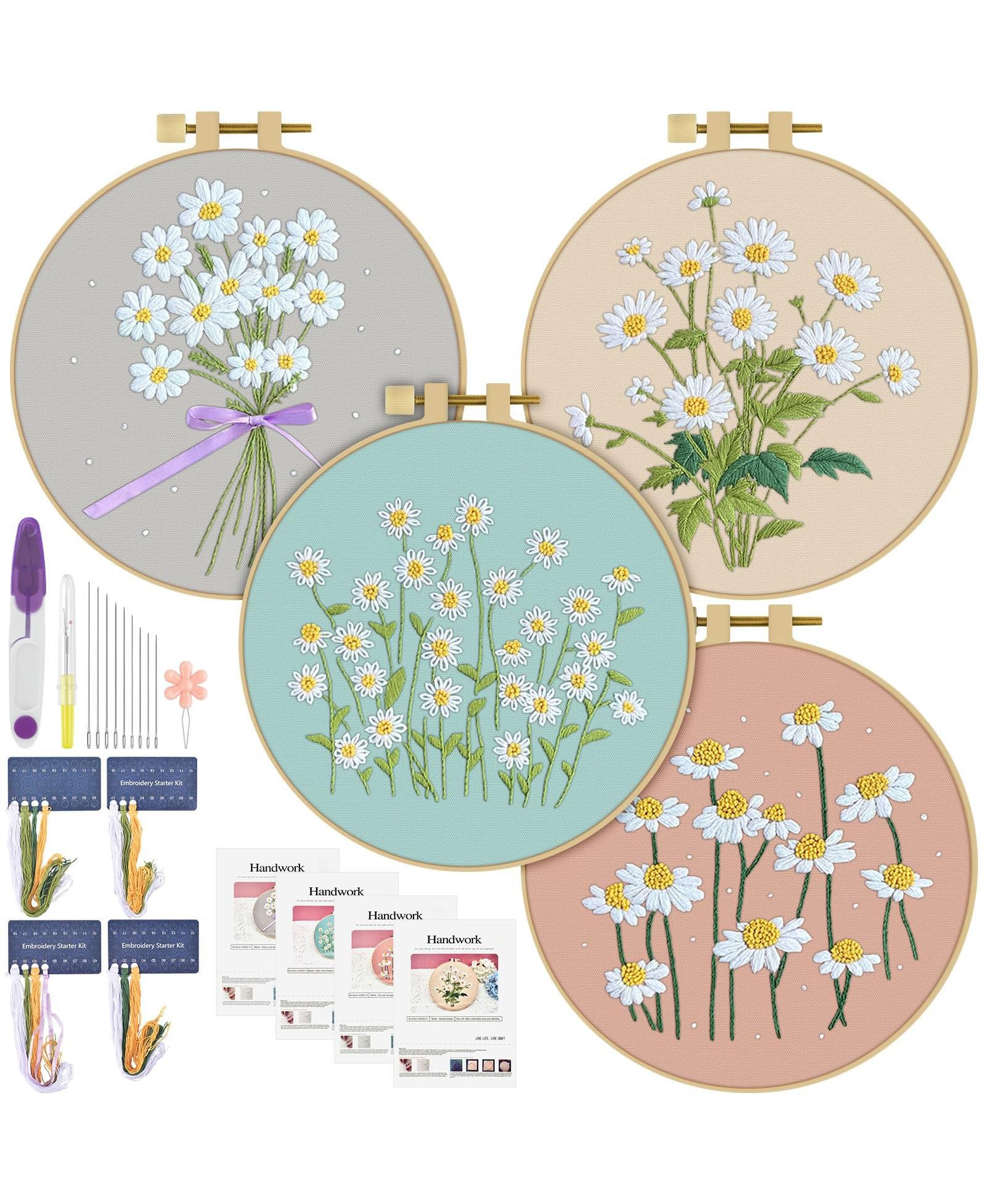 GNUADZ 4 Set Embroidery Kit Beginners Daisy Cross Stitch Hoop Thread