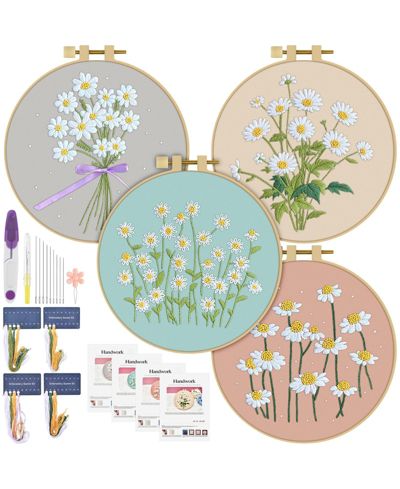GNUADZ 4 Set Embroidery Kit Beginners Daisy Cross Stitch Hoop Thread