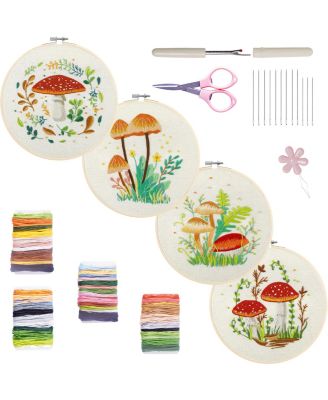 Набор для вышивания GNUADZ 4 Sets Embroidery Kit Beginners Mushroom Pattern Hoops Threads