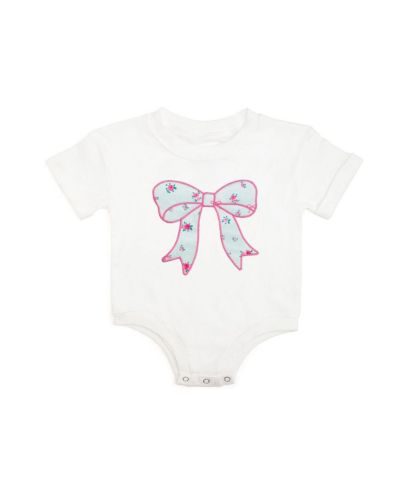 Sweet Wink Baby Girls Sky Blue Floral Bow Patch Short Sleeve Romper