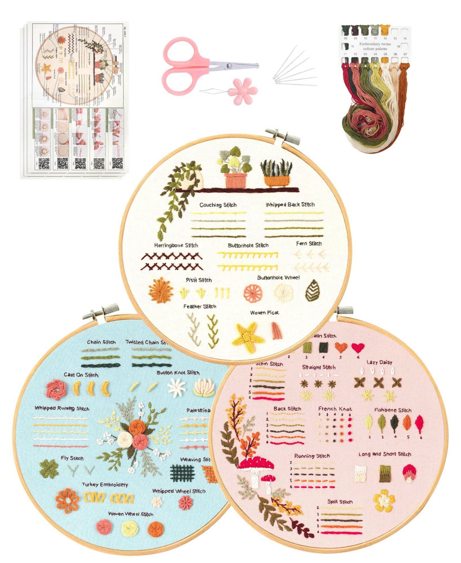 GNUADZ 3 Sets Embroidery Kit Beginners Learn 30 Stitches DIY Cross Patterns Hoop Threads Tools