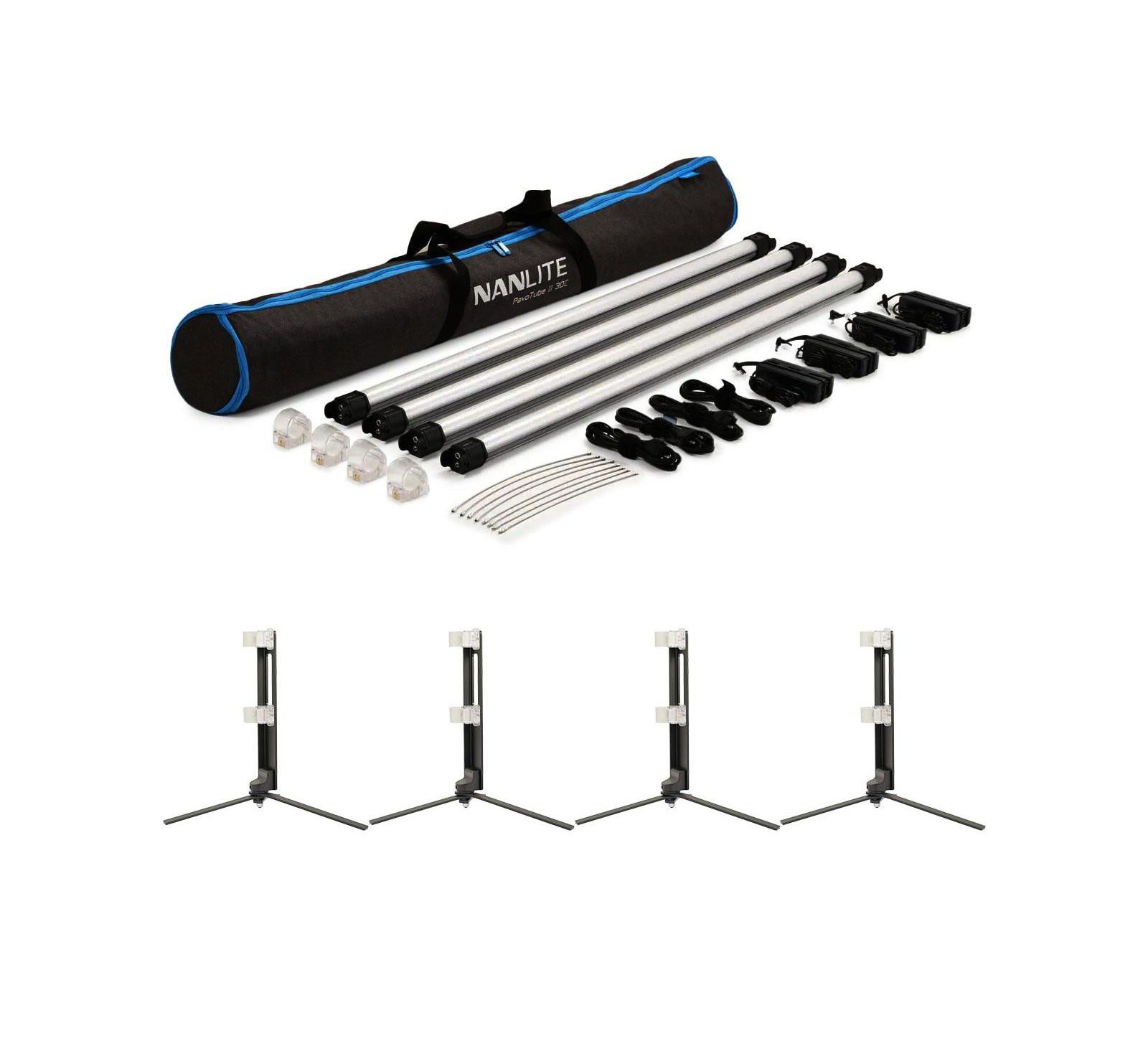 Nanlite PavoTube II 30C 4' 60W RGBWW LED Tube 4-Light Kit, Bundle with 4x Foldable Floor Stand