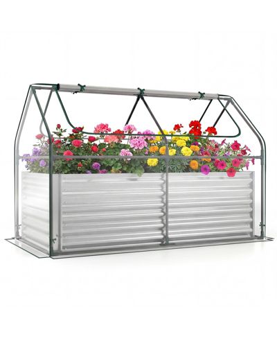 Gymax Galvanized Raised Garden Bed w/ Cover Planter Box w/ Mini Greenhouse Sliver and Clear