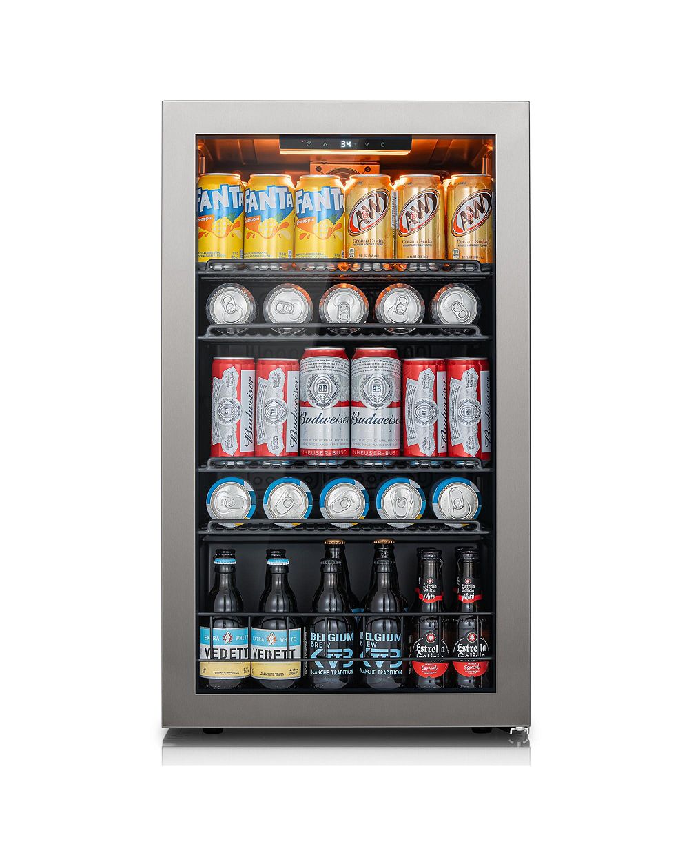 Ca'Lefort Beverage Refrigerator Cooler, 130 Can Mini Freestanding Beverage Fridge 3color LED with Glass Door for Home/Bar