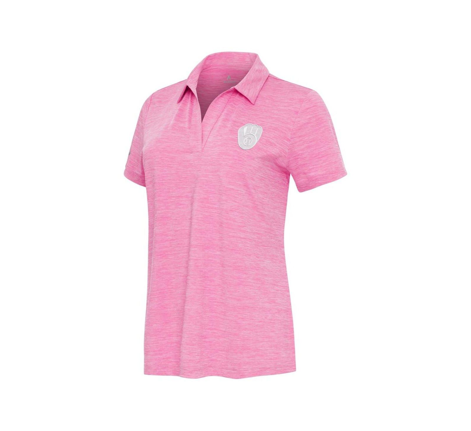Женская рубашка-поло Antigua Heather Pink Milwaukee Brewers Layout V-Neck Polo Shirt