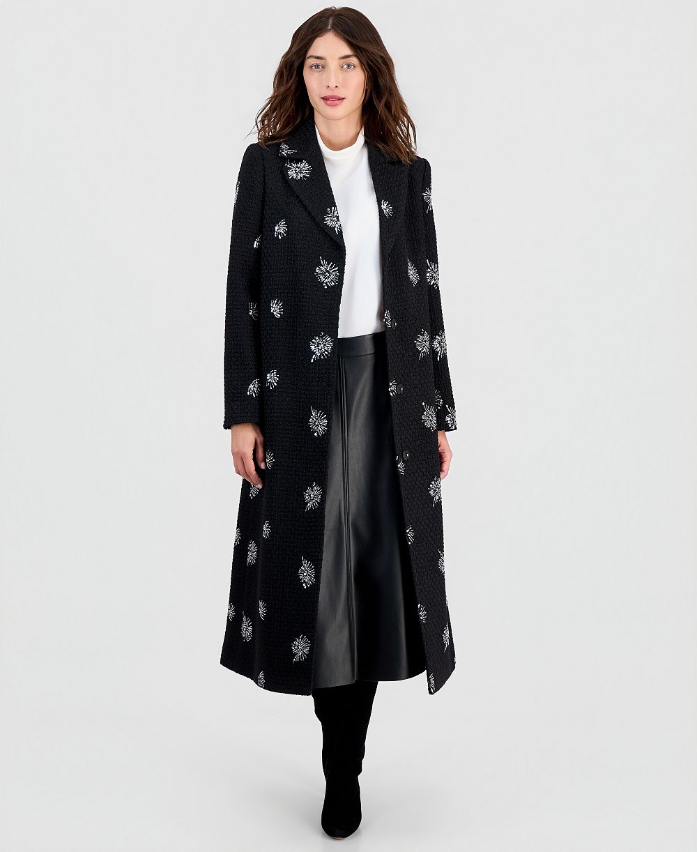 CeCe Women's Single-Breasted Sparkle Bouclé Maxi Coat