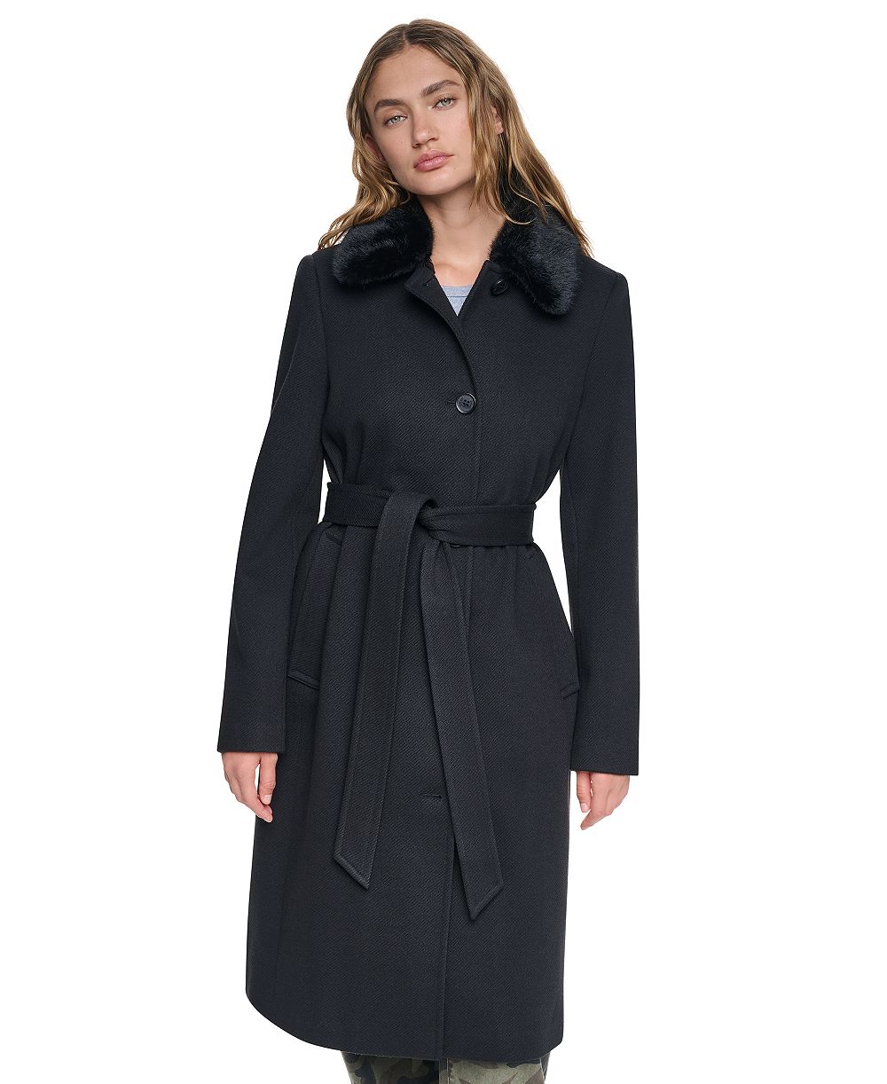 DKNY Women's Faux-Fur Collar Belted Single-Breasted Coat