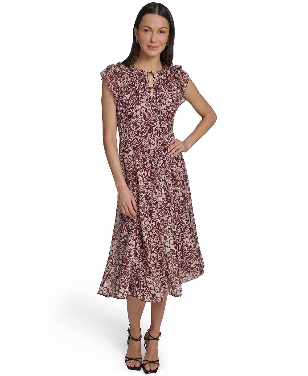 Tommy Hilfiger Women's Flutter-Sleeve Tie Neck Chiffon Midi Dress