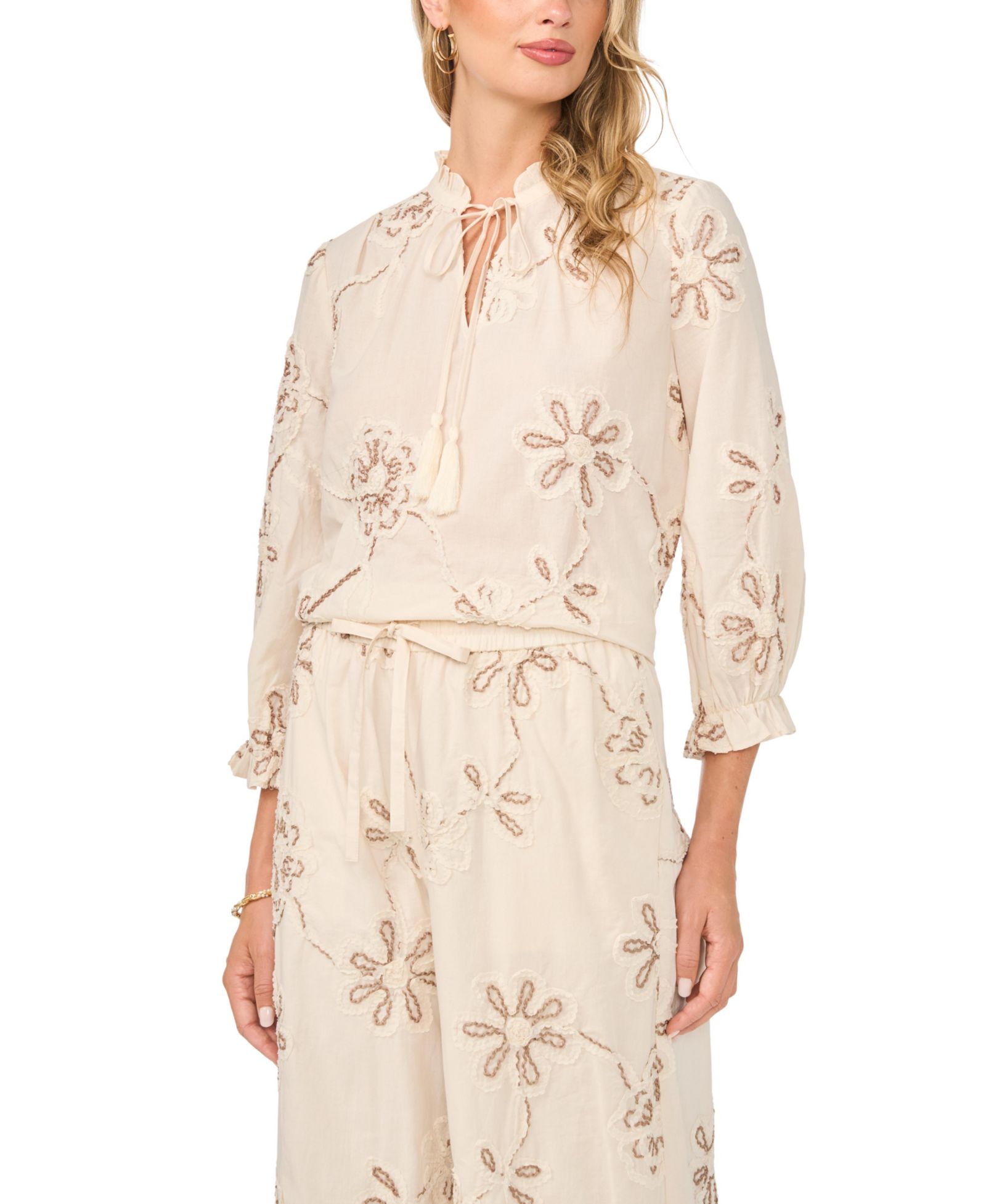 Vince Camuto Women's Cotton Split Neck Self-Tie Top