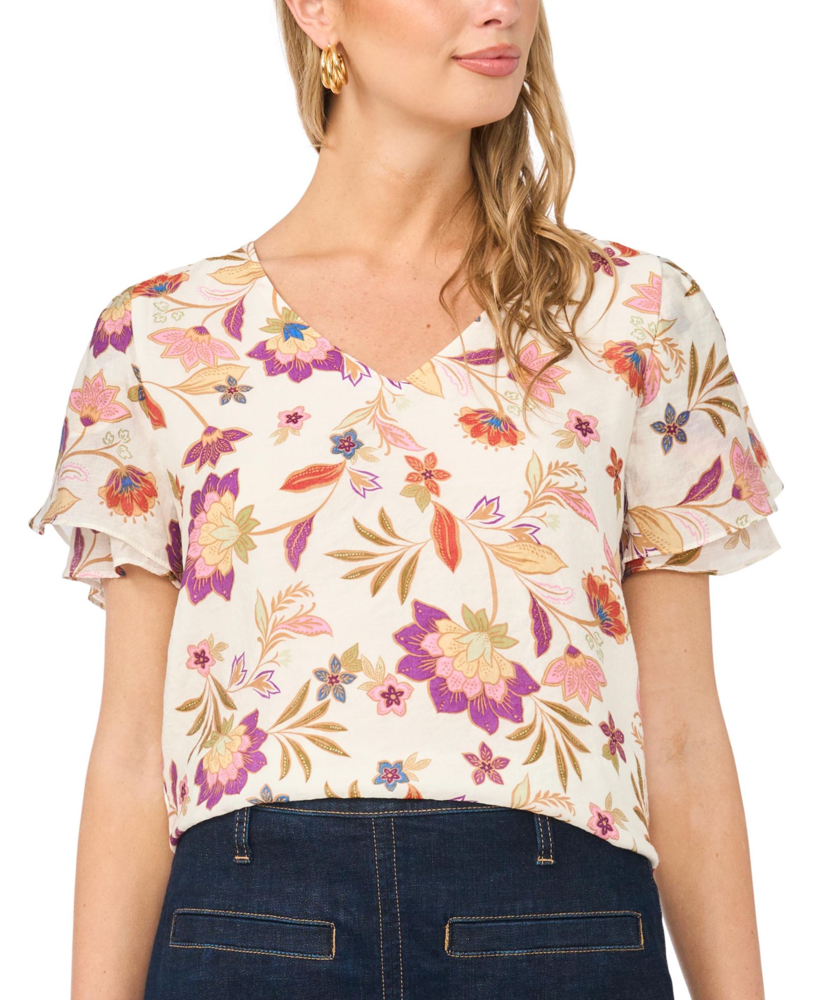 Vince Camuto Women's Printed V-Neck Ruffle Seam Top