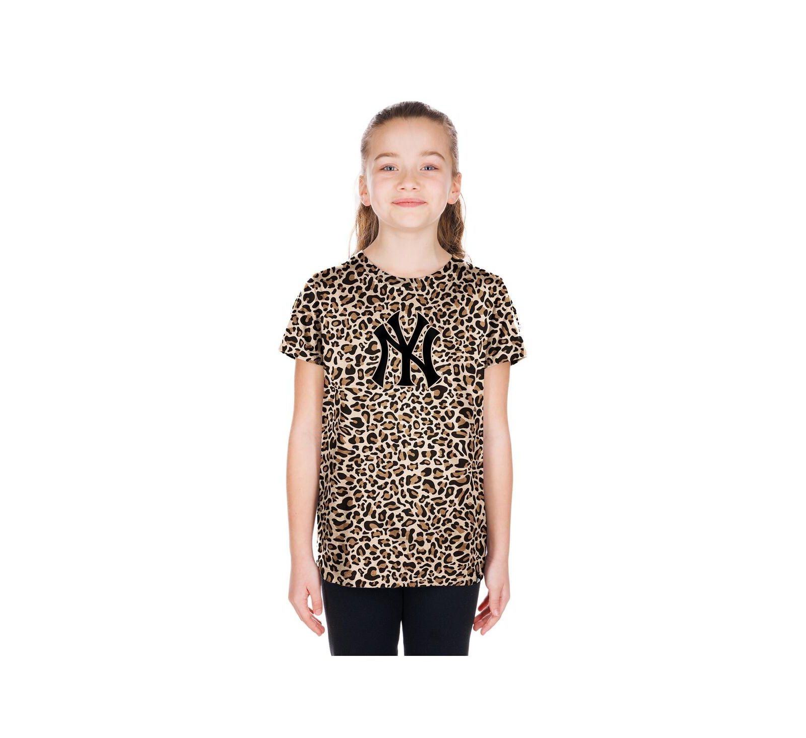 Детская футболка New Era Big Girls коричневая с принтом New York Yankees Leopard