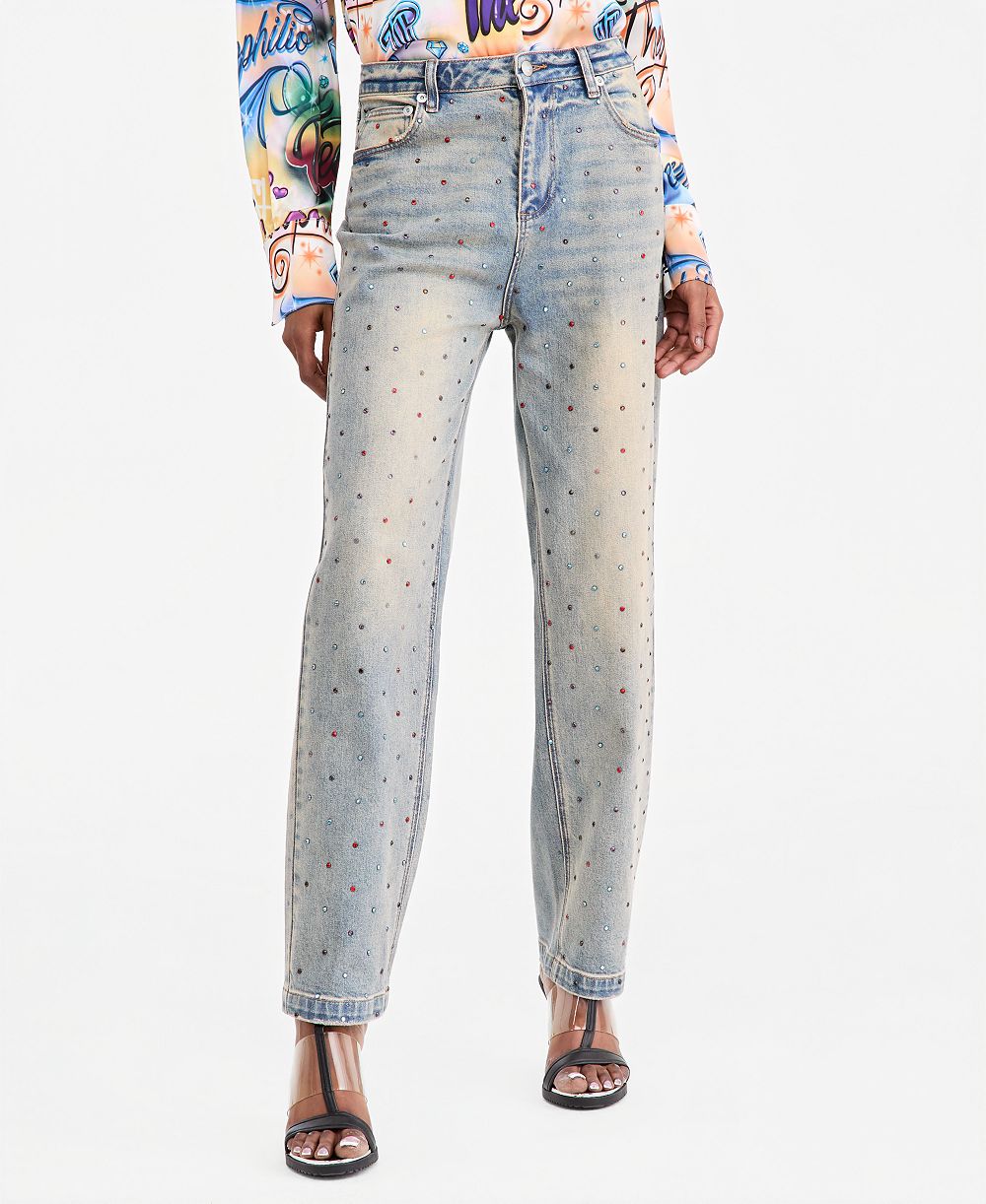 Theophilio | Macy's Women's High-Rise Straight-Leg Rhinestone Denim Jeans, Macy's Exclusive