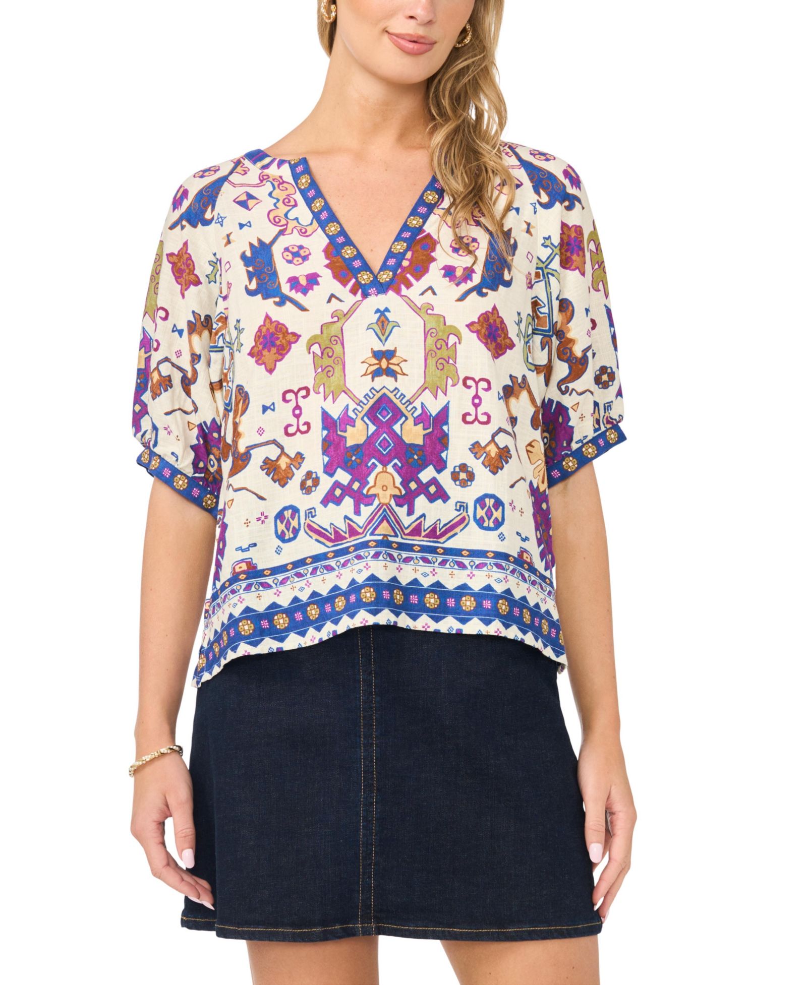 Vince Camuto Women's Split Neck Puff-Sleeve Printed Blouse
