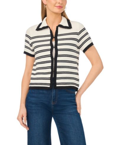 Vince Camuto Women's Striped Collared Short-Sleeve Cardigan