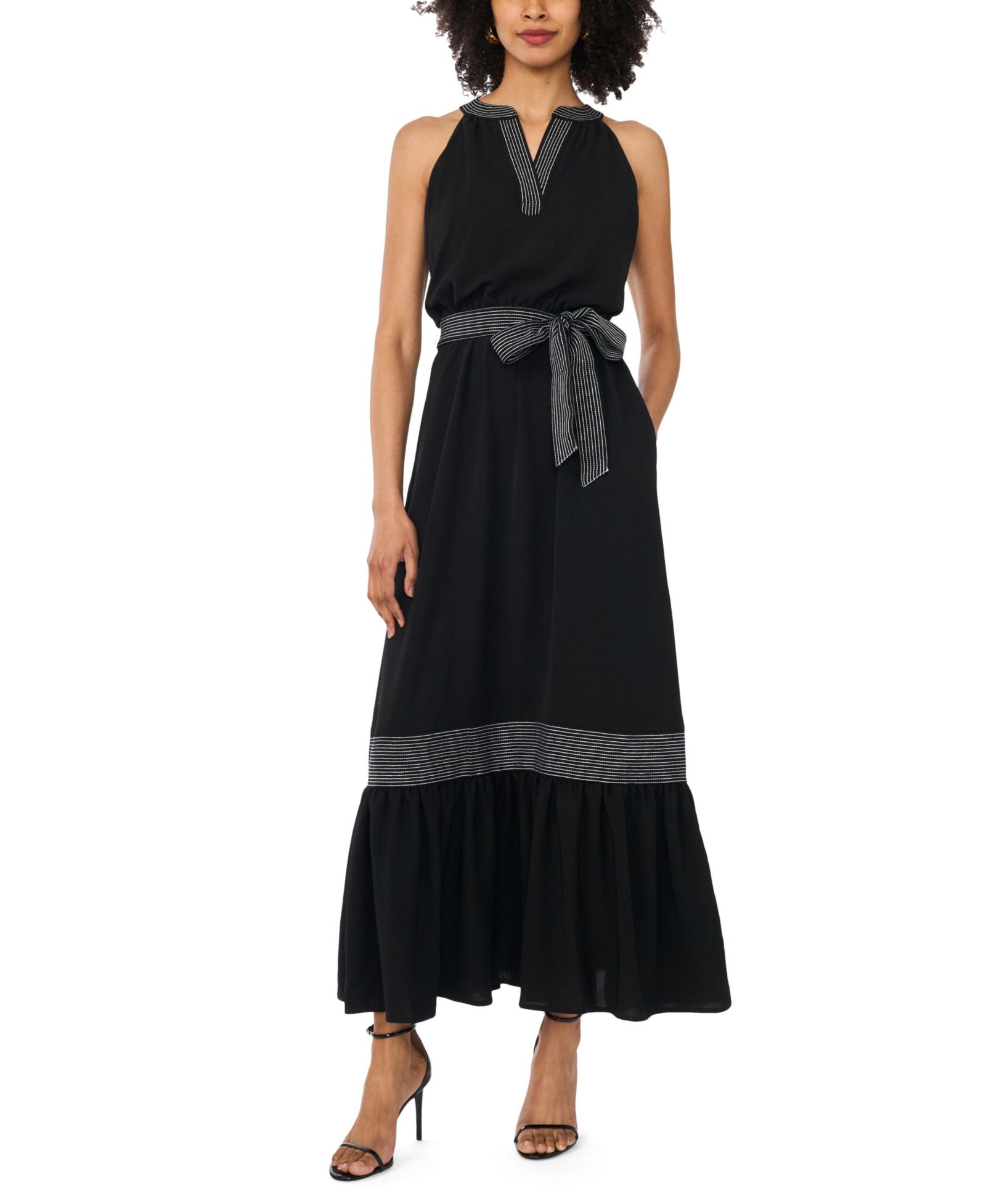Vince Camuto Women's Contrast Trapunto Stitch V-Neck Maxi Dress