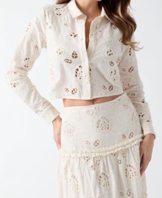 GUESS Women's Lenora Cropped Long-Sleeve Button-Up Shirt