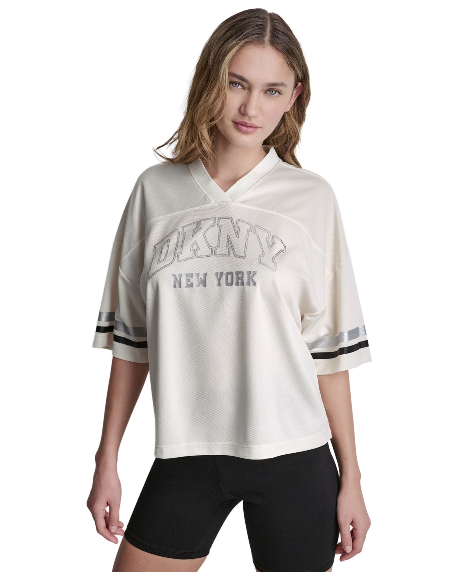DKNY Sport Women's Varsity Rhinestone V-Neck Sports Jersey