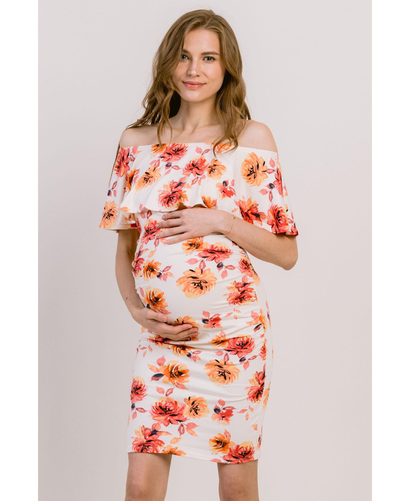 Женское цветочное платье Hello Miz Maternity Floral Off-the-Shoulder Ruffle Bodycon