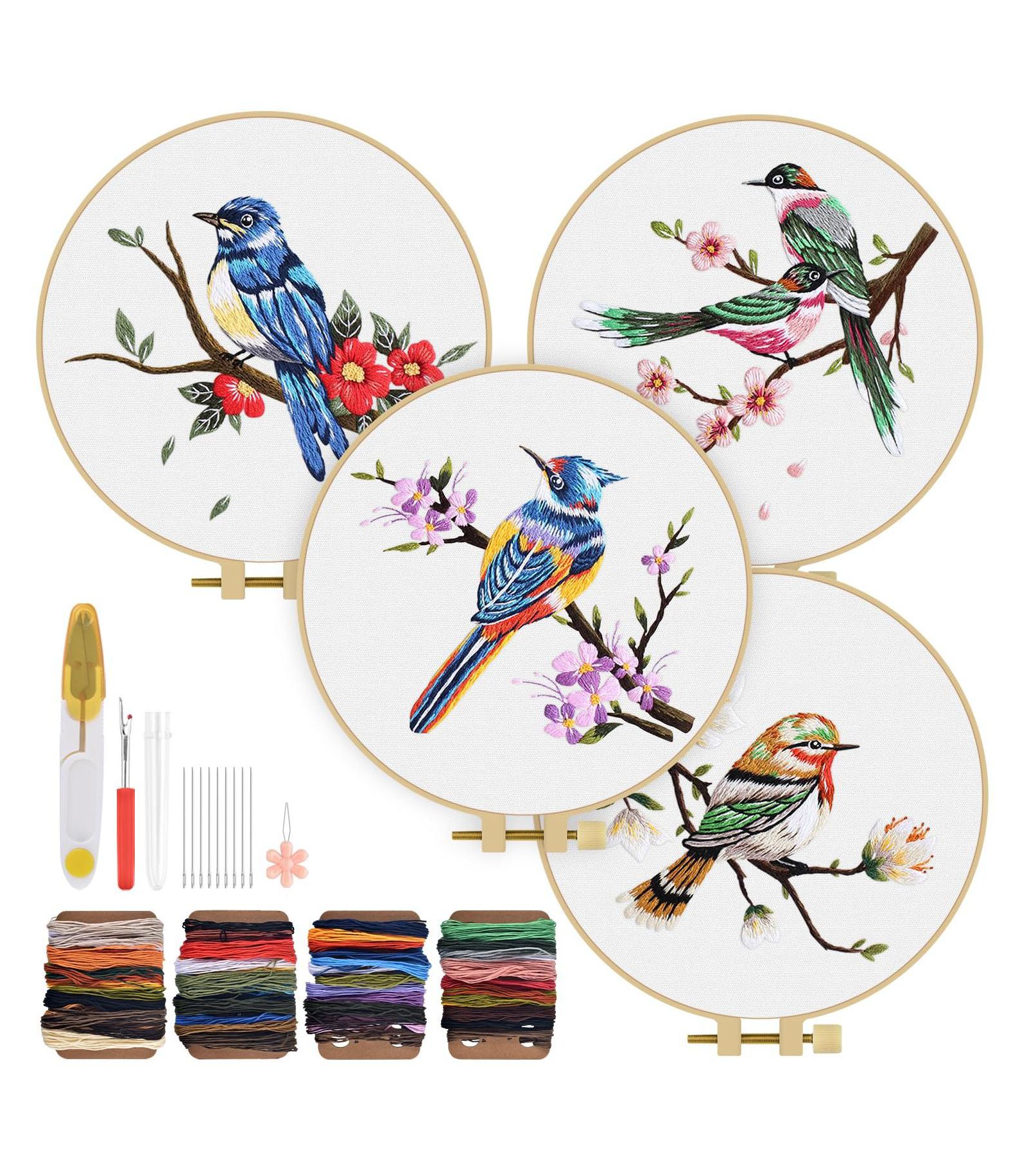 GNUADZ Embroidery Kit Adults Beginner Flowers Bird Hoop Thread