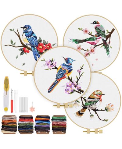 GNUADZ Embroidery Kit Adults Beginner Flowers Bird Hoop Thread