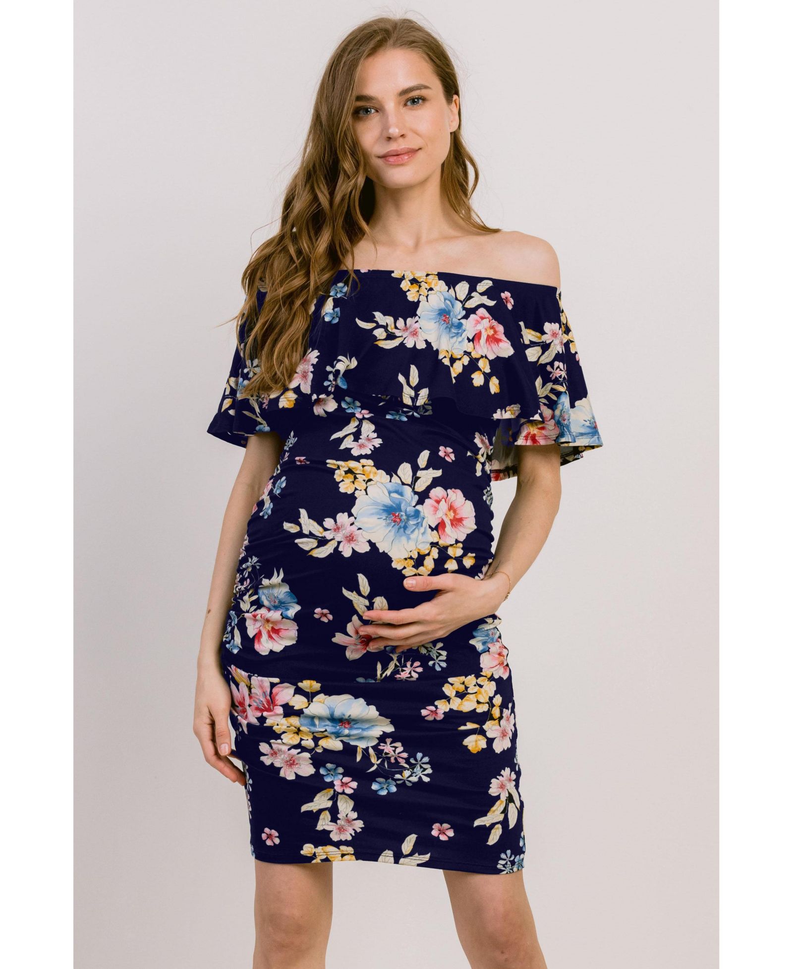 Hello Miz Maternity Off-the-Shoulder Floral Ruffle Bodycon платье