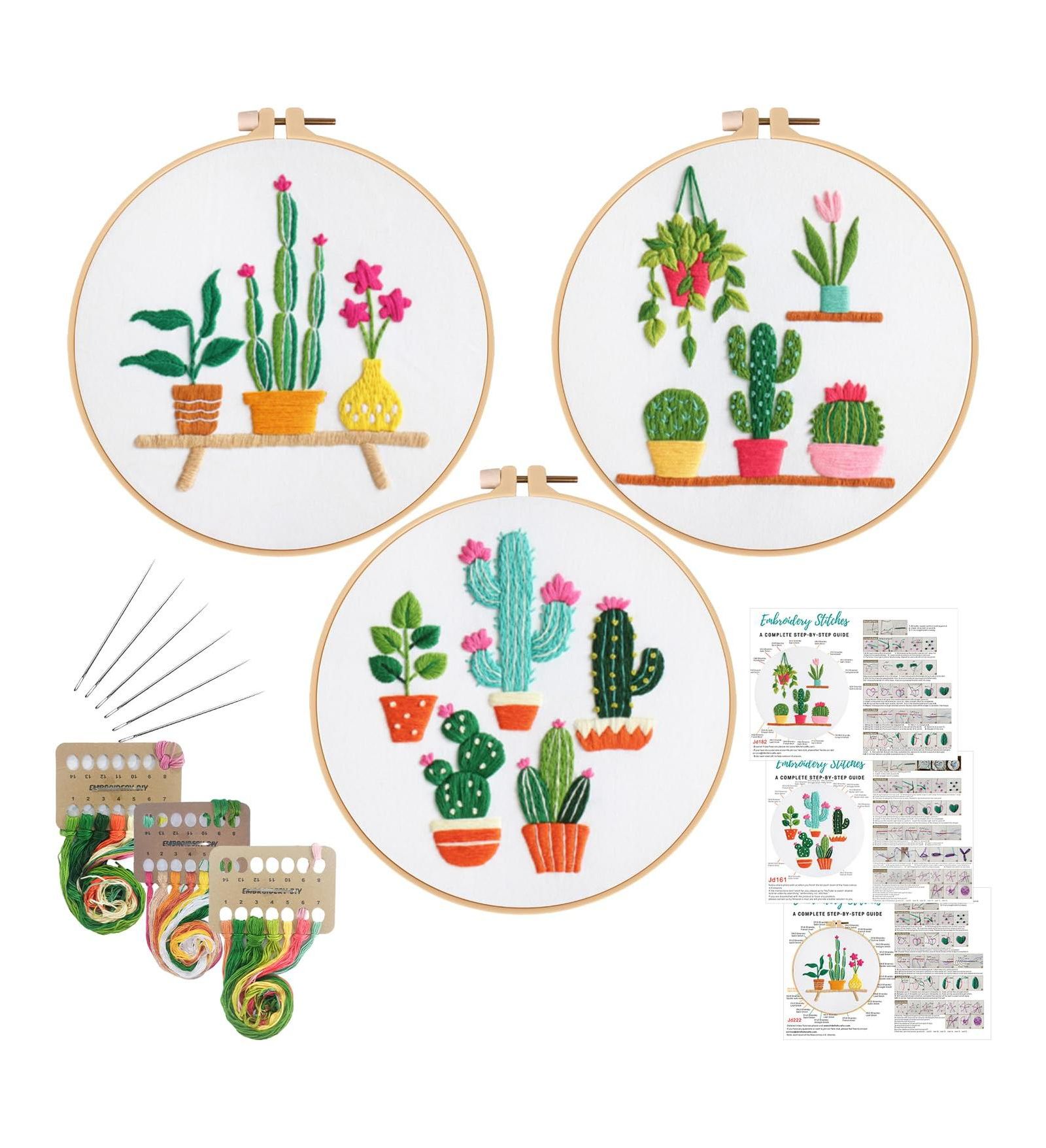 GNUADZ 3 Sets Embroidery Kits Beginners Hoop Instruction