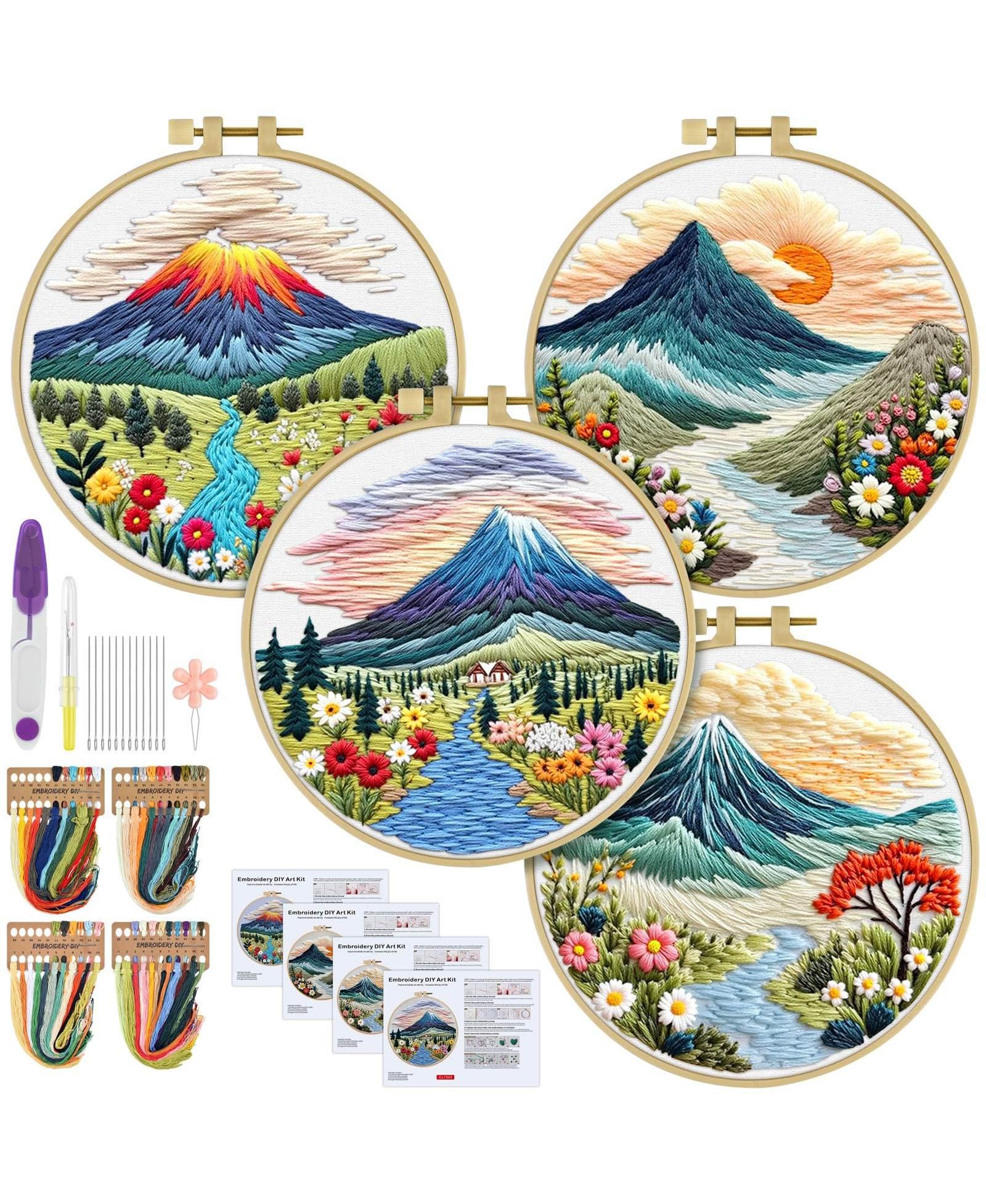 GNUADZ 4 Set Embroidery Kit Beginners Cross Stitch Cloth Hoops Threads Landscape
