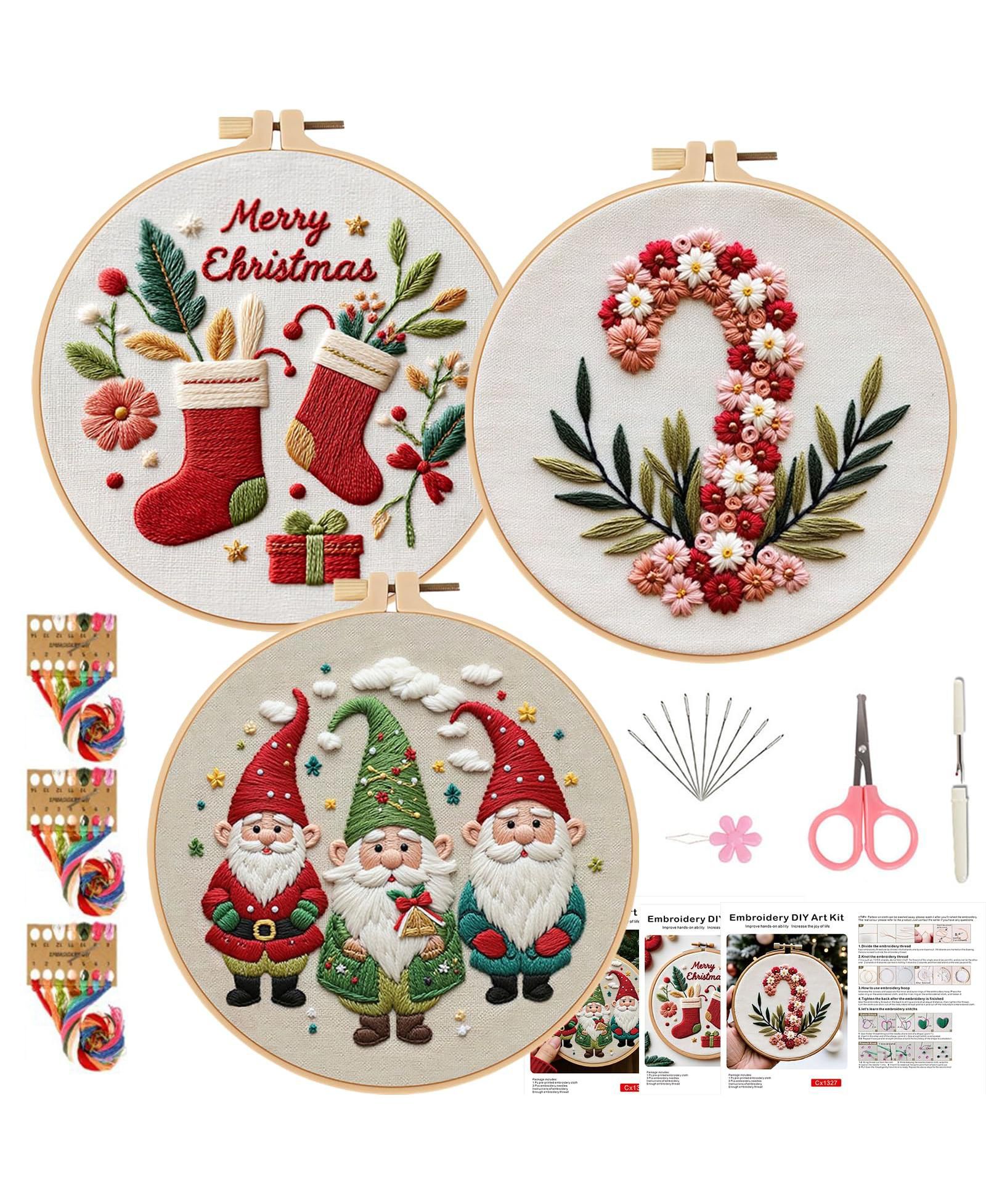 GNUADZ 3 Sets Holiday Embroidery Kit Beginners Hoop DIY Craft