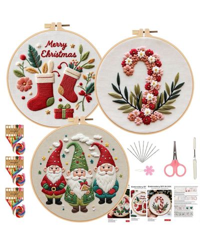 GNUADZ 3 Sets Holiday Embroidery Kit Beginners Hoop DIY Craft