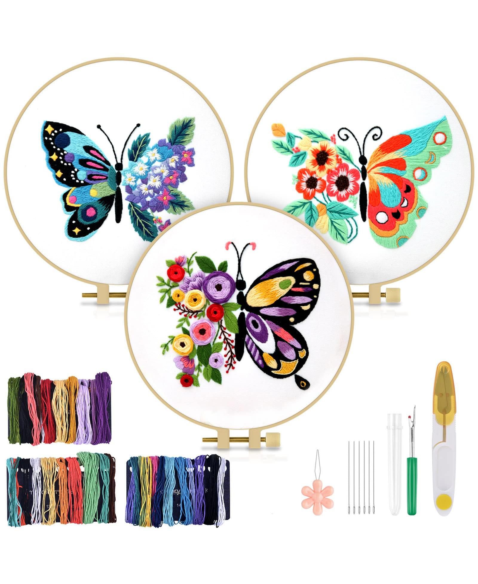 GNUADZ 3 Sets Embroidery Kit Butterfly Flower Beginner Hoop Thread