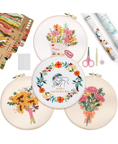 GNUADZ 4 Sets Mom Embroidery Kit Beginners Flower Cross Stitch Gift