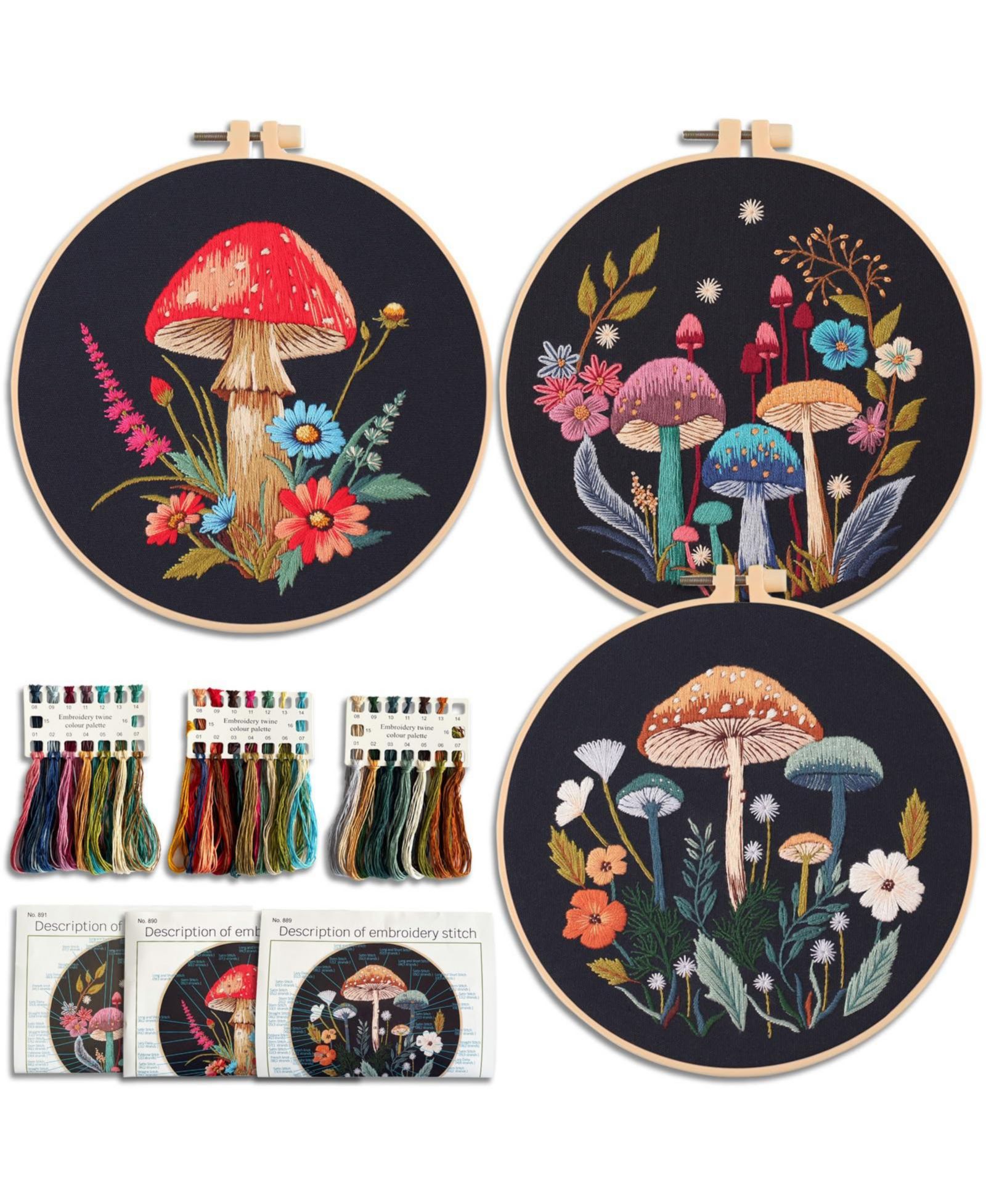 GNUADZ Embroidery Kit Mushroom Patterns Hoops Fabric Threads