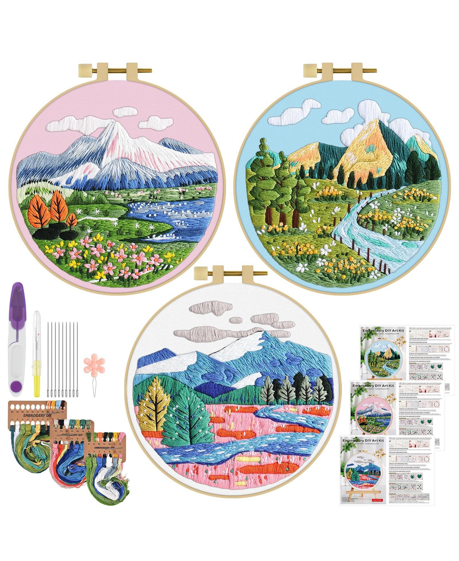 GNUADZ 3 Sets Embroidery Kit Landscapes Cloth Hoops Threads Craft Lover Hand