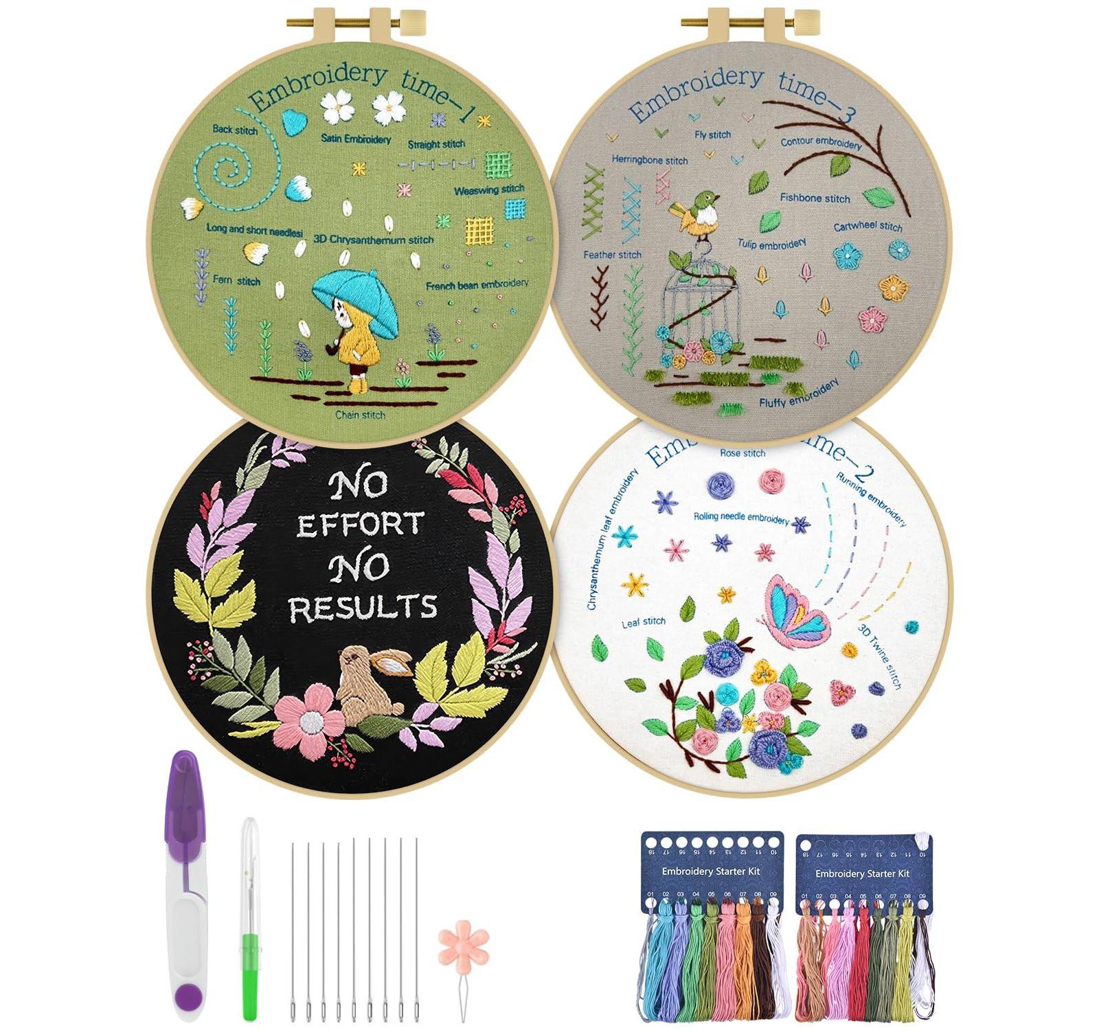 GNUADZ 4 Pack Embroidery Starter Kit Adults DIY Stamped Patterns Hoop Threads Tools Instructions Video Tutorial