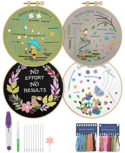 GNUADZ 4 Pack Embroidery Starter Kit Adults DIY Stamped Patterns Hoop Threads Tools Instructions Video Tutorial