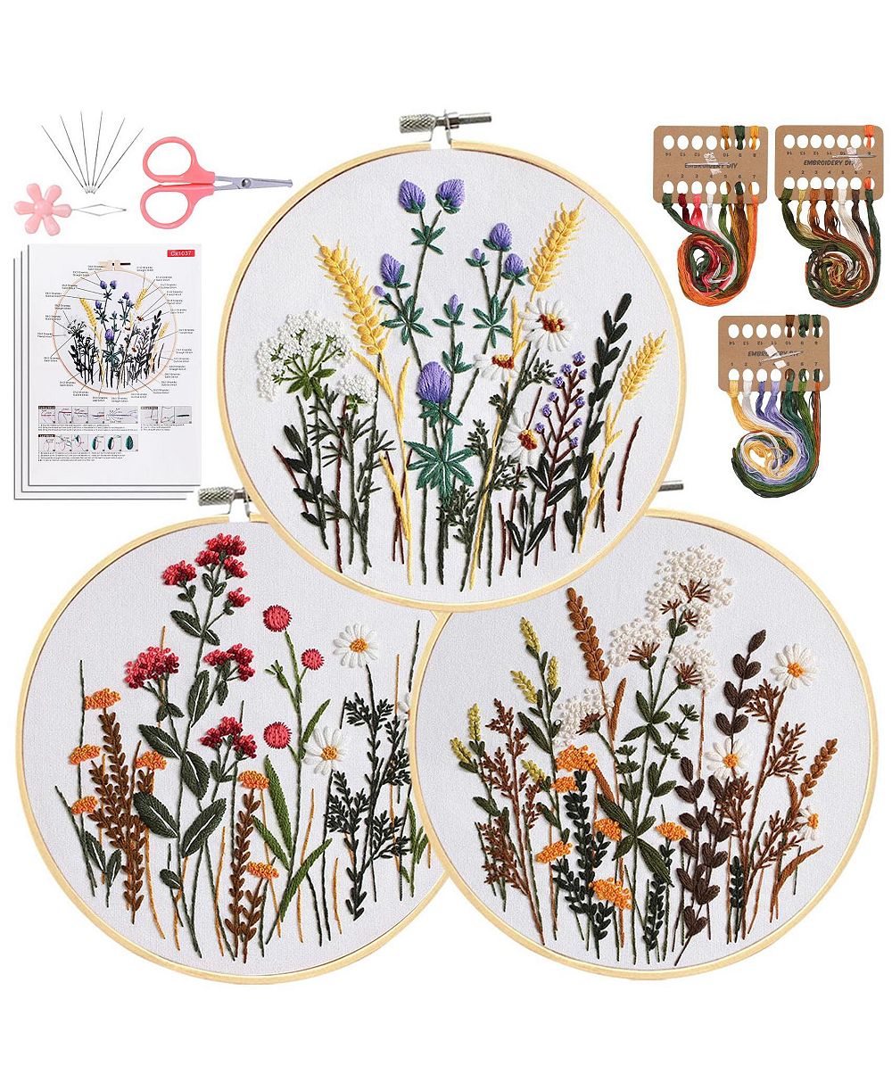 GNUADZ 3 Pack Embroidery Kit Beginners Stamped Flower Pattern Video Tutorial