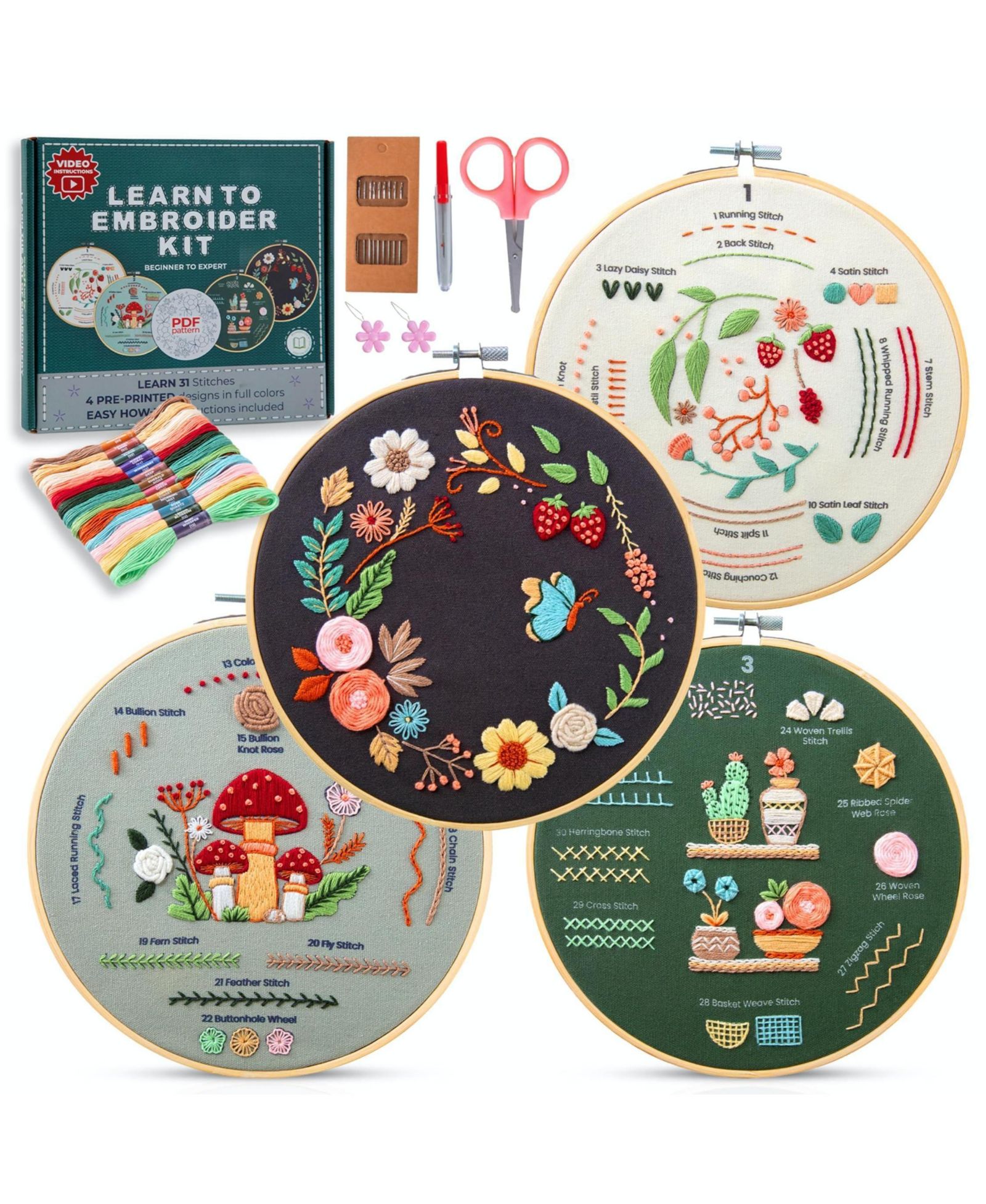 Набор для вышивания GNUADZ 4-piece Embroidery Kit Beginners Simple Patterns 31 Stitches