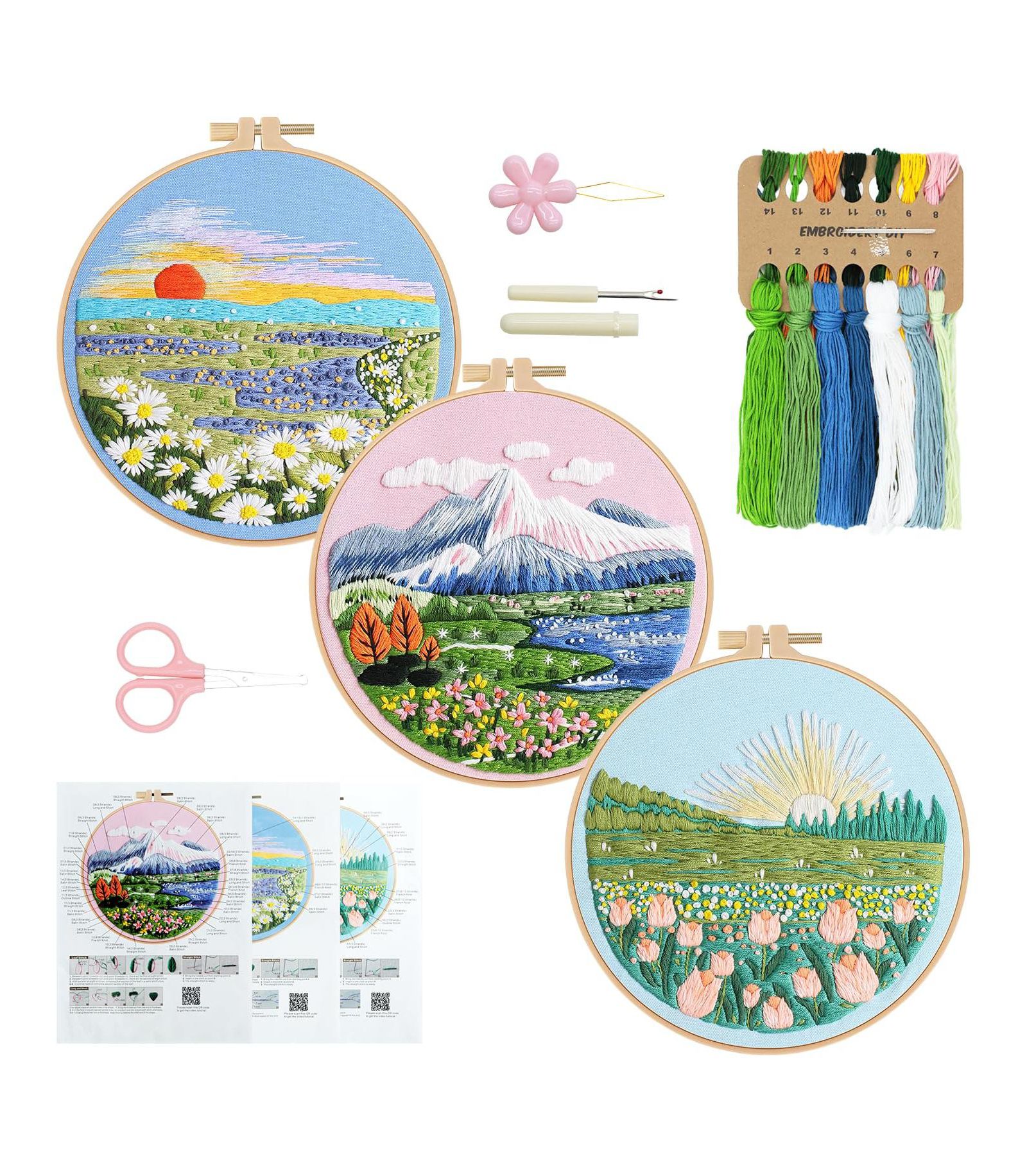 GNUADZ Embroidery Kit Floral Sunshine Pattern DIY Hoop Floss Set Of 3