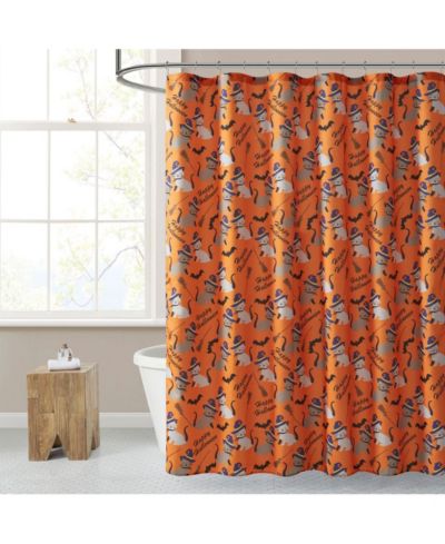Kate Aurora Halloween Accents Kitty Witches and Broomsticks Festive Orange Fabric Shower Curtain - Standard Size