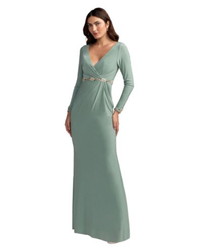 Mac Duggal Women's Jersey Long Sleeve V-Neck Gown With Beaded Belt