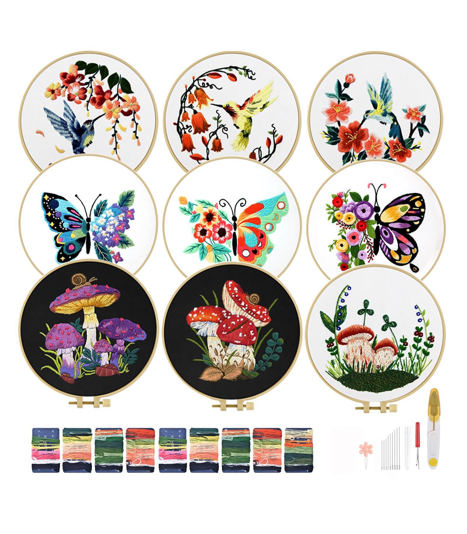 GNUADZ 9 Sets Embroidery Kit Beginner Hummingbird Butterfly Mushroom Flower Hoop Threads Techniques