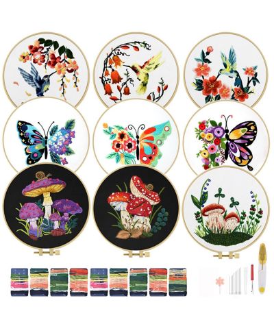 Набор для вышивания GNUADZ 9 Sets Embroidery Kit Beginner Hummingbird Butterfly Mushroom Flower Hoop Threads Techniques